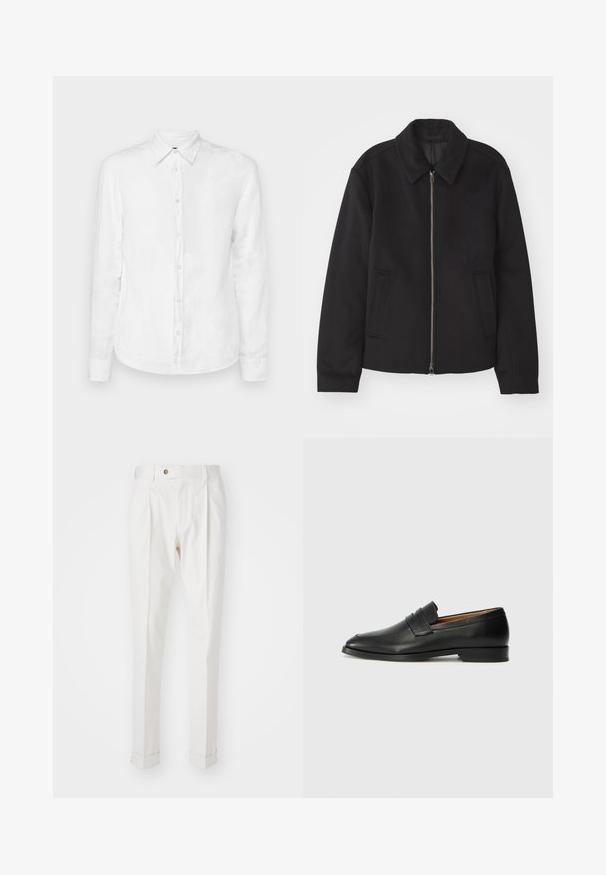 Črna jakna z zadrgo, prilagojena zasnova, okrogla ovratnica in žepi z rezi. Narejena iz gladke, teksturirane tkanine.; J.LINDEBERG SLIM MELANGE - Srajca - white; Bela, krojena hlače z ravnim sprednjim delom, dvema naborkoma in zavitki. Narejene iz gladkega materiala z gumbom za zapiranje v pasu.; Črne usnjene loferice z zaobljenim prstom, subtilnim šivanjem in nizkim petam, ki se odlikujejo po gladki teksturi in minimalističnem oblikovanju.