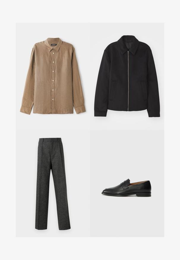 Schwarze Jacke mit Reißverschluss, tailliertem Schnitt, rundem Kragen und Schlitztaschen. Hergestellt aus einem glatten, strukturierten Stoff.; Braune Langarmbluse aus leichtem, strukturiertem Stoff, mit Kragen und Knopfleiste in Kontrastfarbe. Entspannter Schnitt.; Graue maßgeschneiderte Hose aus strukturiertem Stoff, mit zwei vorderen Falten und geradem Bein. Keine sichtbaren Taschen oder Verzierungen.; Schwarze Leder-Slipper mit runder Zehenform, dezenten gestickten Details und niedrigem Absatz, ausgestattet mit glatter Textur und minimalistischem Design.