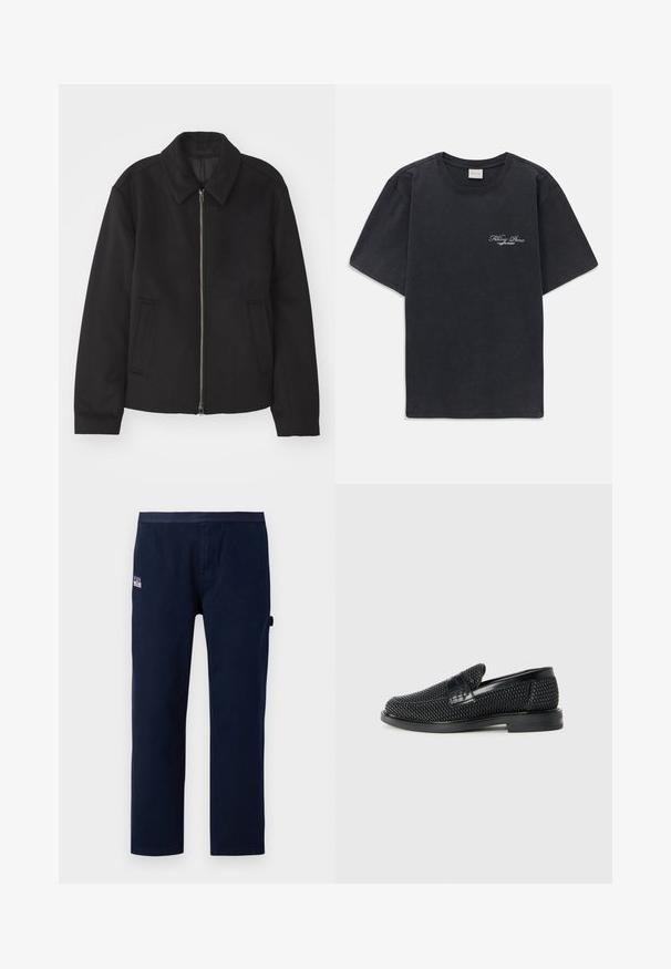 Fekete dzseki cipzárral, testreszabott dizájnnal, kerek nyakkal és zsebekkel. Sima, texturált anyagból készült.; Fekete, rövid ujjú, kerek nyakú póló, bal mellen kis fehér "Filling Pieces" szöveges logóval.; Tengerészkék pamut nadrág, egyenes szabással, elülső zsebbel és egy kis márkajelzéssel a derekán.; Fekete szőtt slip-on cipő sima bőr díszítéssel a felsőrészen, kerek orral és alacsony profilos gumitalppal.