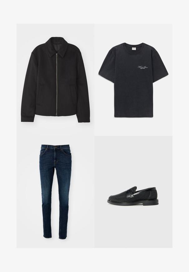 Melnā jaka ar rāvējslēdzēju, piegrieztas formas dizains, noapaļots apkakle un šķēluma kabatas. Izgatavota no gludas, teksturētas auduma.; Melna īsās piedurknes T-kreklā ar mazu balto "Filling Pieces" tekstu logotipu uz kreisā krūšu.; Tumši zili džinsi ar šauru piegriezumu, strukturētu dizainu, piecu kabatu stilu un gaismas izbalējuma detaļām gar kājām un šuvēm.; Melnas austas slaidu kurpes ar gludu ādas akcentu augšpusē, apaļas formas purngalu un zemas profila gumijas zoli.