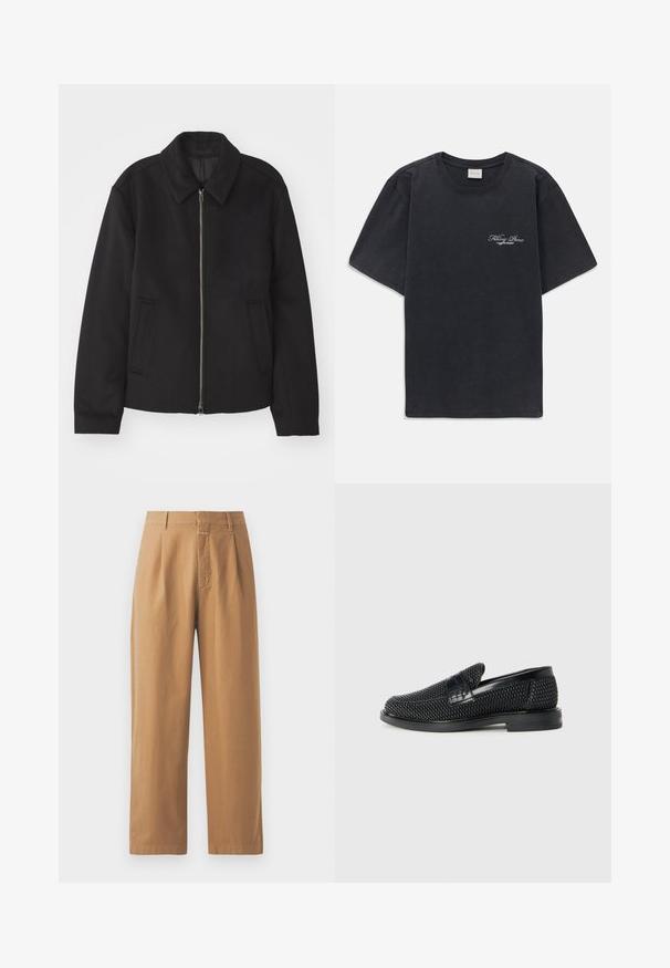 Schwarze Jacke mit Reißverschluss, tailliertem Schnitt, rundem Kragen und Schlitztaschen. Hergestellt aus einem glatten, strukturierten Stoff.; Schwarzes T-Shirt mit kurzen Ärmeln und Rundhalsausschnitt, mit kleinem weißen "Filling Pieces"-Textlogo auf der linken Brust.; Braune, weit geschnittene Hosen aus glattem Stoff. Sie verfügen über eine hohe Taille mit Falten, Gürtelschlaufen und einer einzelnen Vordertasche.; Schwarzer geflochtener Slipper mit einem glatten Lederakzent im Obermaterial, einem runden Zehendesign und einer flachen Gummisohle.