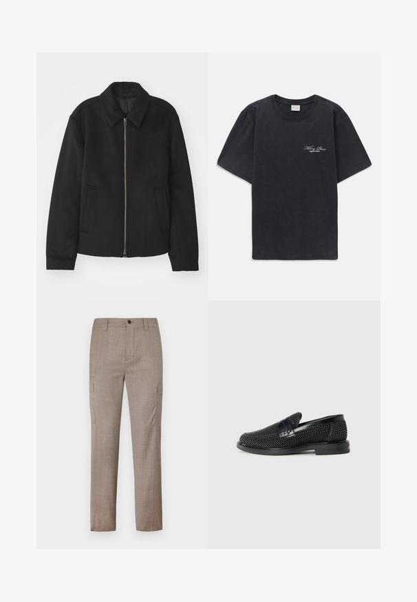 Fekete dzseki cipzárral, testreszabott dizájnnal, kerek nyakkal és zsebekkel. Sima, texturált anyagból készült.; Fekete, rövid ujjú, kerek nyakú póló, bal mellen kis fehér "Filling Pieces" szöveges logóval.; Világosbarna cargo nadrág, texturált anyagból készült, mely oldal zsebekkel és egyenes szárú fazonnal rendelkezik. Elöl gombbal és cipzárral záródik.; Fekete szőtt slip-on cipő sima bőr díszítéssel a felsőrészen, kerek orral és alacsony profilos gumitalppal.