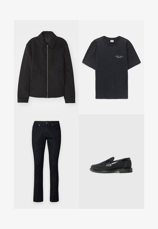 Casaco preto com fecho de correr, design ajustado, colarinho redondo e bolsos com fenda. Feito de um tecido liso e texturizado.; T-shirt preta de manga curta, com decote redondo e pequeno logótipo branco "Filling Pieces" no lado esquerdo do peito.; Jeans de ganga escuros com um design de perna reta, apresentando bolsos frontais, fecho de botão e costura em contraste. Sem padrões visíveis ou sinais de uso.; Sandalha preta entrelaçada com um accento de couro liso na parte superior, design de biqueira redonda e sola de borracha de perfil baixo.