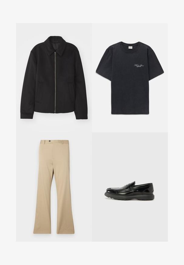 Casaco preto com fecho de correr, design ajustado, colarinho redondo e bolsos com fenda. Feito de um tecido liso e texturizado.; T-shirt preta de manga curta, com decote redondo e pequeno logótipo branco "Filling Pieces" no lado esquerdo do peito.; Calças bege de boca de sino feitas de tecido suave. Apresentam um fecho de botão, bolsos frontais e um corte ajustado nos quadris, estendendo-se até uma perna larga.; Mocassim de couro preto com acabamento brilhante, bico arredondado, detalhes de costura subtil e sola de borracha espessa para durabilidade.