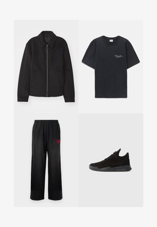 Veste noire avec fermeture éclair, design ajusté, col arrondi et poches fendue. Fabriquée dans un tissu lisse et texturé.; T-shirt noir à manches courtes et col rond avec un petit logo « Filling Pieces » en blanc sur la poitrine gauche.; Pantalons de survêtement noirs avec taille élastique et poches latérales. Présente le logo rouge "Billionaire Boys Club" sur la cuisse droite. Texture douce et lisse.; Baskets en suede noir avec un profil bas, une upper texturée, des lacets plats, et une semelle en caoutchouc solide dotée d'un léger talon et d'un design incurvé.
