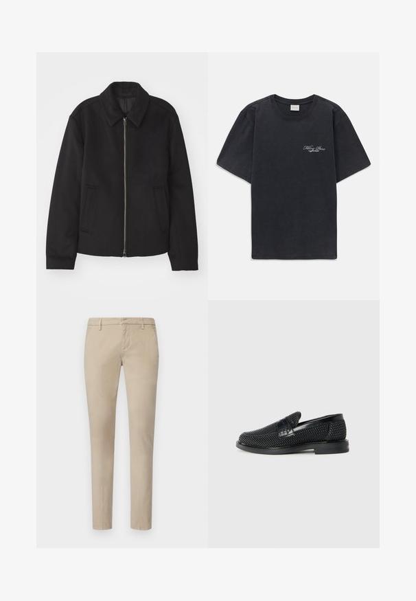 Veste noire avec fermeture éclair, design ajusté, col arrondi et poches fendue. Fabriquée dans un tissu lisse et texturé.; T-shirt noir à manches courtes et col rond avec un petit logo « Filling Pieces » en blanc sur la poitrine gauche.; Chinos beige en coton. Design ajusté avec une jambe droite, comportant des passants de ceinture et une texture lisse. Pas de motifs ou d'accents visibles.; Chaussure slip-on tissée noire avec un accent en cuir lisse sur le dessus, un design à bout rond et une semelle en caoutchouc à profil bas.