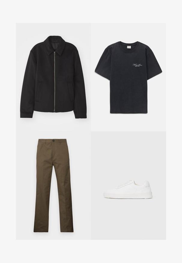 Čierna bunda so zipsom, upravený strih, okrúhly golier a bočné vrecká. Vyrobená z hladkej, textúrovanej látky.; Čierne tričko s krátkym rukávom a okrúhlym výstrihom s malým bielym textovým logom "Filling Pieces" na ľavej hrudi.; Hnedé bavlnené nohavice s rovnom strihom, vybavené zapínaním na gombík a bočnými vreckami, vystavené na bielom pozadí.; Biele tenisky s hladkým koženým zvrškom, zaoblenou špičkou, šnúrkami, textúrovanými bočnými akcentmi a hrubou gumovou podrážkou. Minimalistický dizajn.