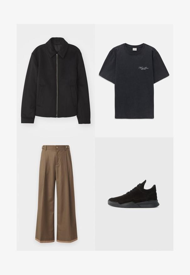 Veste noire avec fermeture éclair, design ajusté, col arrondi et poches fendue. Fabriquée dans un tissu lisse et texturé.; T-shirt noir à manches courtes et col rond avec un petit logo « Filling Pieces » en blanc sur la poitrine gauche.; Pantalons à larges jambes en tissu marron foncé, avec deux poches latérales, deux boutons décoratifs à l'avant et un détail de ourlet contrastant.; Baskets en suede noir avec un profil bas, une upper texturée, des lacets plats, et une semelle en caoutchouc solide dotée d'un léger talon et d'un design incurvé.