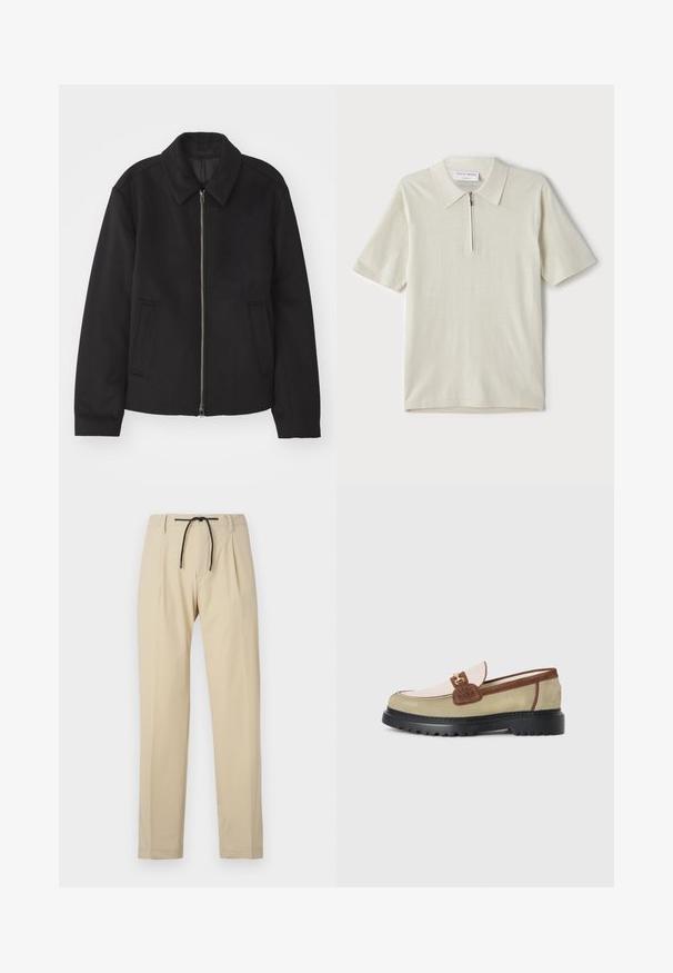 Crna jakna s patentnim zatvaračem, prilagođenog dizajna, zaobljenim kragnom i proreznim džepovima. Izrađena od glatkog, teksturiranog materijala.; Polo majica kratkih rukava u svijetloj bež boji s zatvaračem na ovratniku. Napravljena od glatkog materijala, sadrži jednostavan, moderan dizajn bez uzoraka.; Bež hlače ravnog kroja, s pojasom na vezivanje, nabranim prednjim dijelom i glatkom teksturom. Jednostavan, svestran dizajn.; Loafer s bež, svijetlo ružičastim i smeškim suedednim panelima, zlatnom metalnom kopčom i debelim crnim gumenim đonom s uzorkom.