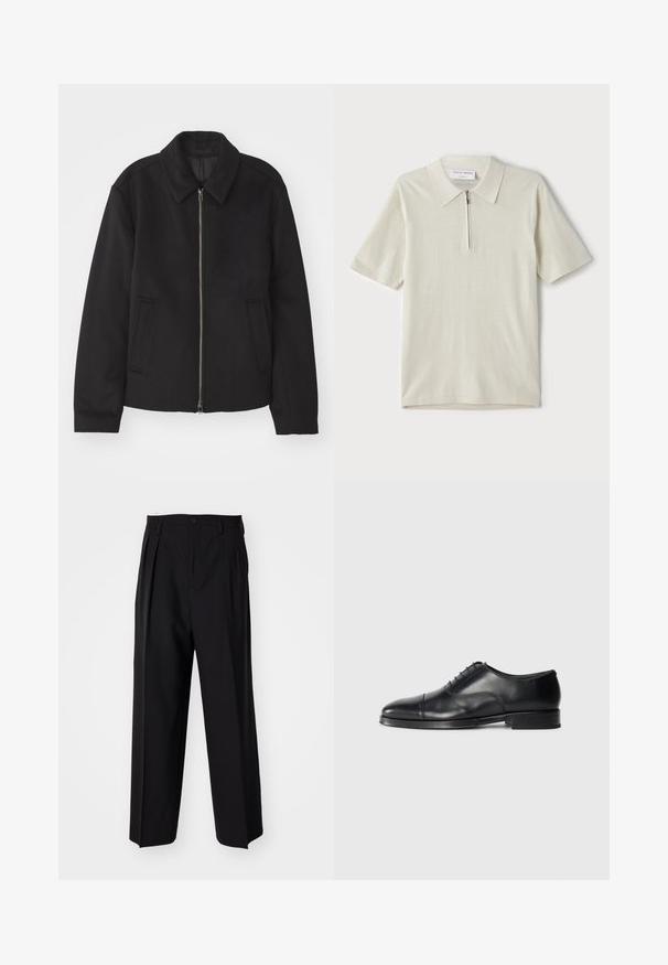 Black jacket with a zip closure, tailored design, a rounded collar, and slit pockets. Made from a smooth, textured fabric.; Short-sleeve polo shirt in light beige with a zippered collar. Made of smooth fabric, features a simple, modern design without patterns.; Black pleated trousers with a straight, wide-leg design. Made from smooth fabric, featuring a button closure and belt loops.; Black leather dress shoe with a rounded toe, smooth texture, lace-up design, and a subtle seam detail, featuring a low, flat heel.