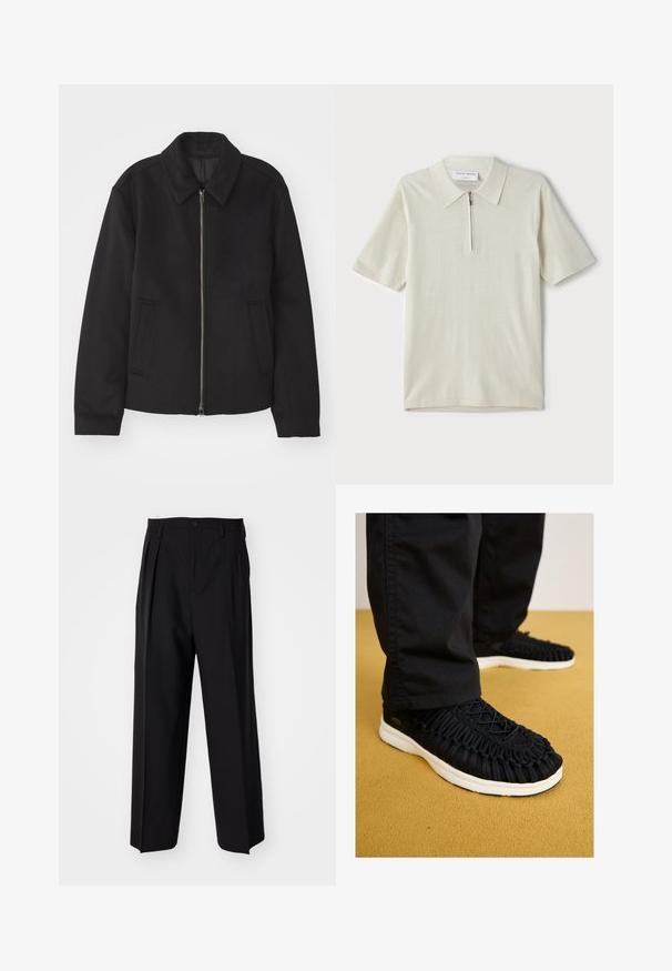 Schwarze Jacke mit Reißverschluss, tailliertem Schnitt, rundem Kragen und Schlitztaschen. Hergestellt aus einem glatten, strukturierten Stoff.; Kurzärmliges Poloshirt in hellbeige mit Reißverschlusskragen. Hergestellt aus glattem Stoff, bietet es ein einfaches, modernes Design ohne Muster.; Schwarze, plissierte Hose mit geradem, weitem Bein. Hergestellt aus glattem Stoff, mit Knopfverschluss und Gürtelschlaufen.; Schwarzer Sneaker mit geflochtenem Obermaterial, runder Zehenpartie und weißer Sohle. Schnürsystem oben und detaillierte Textur über den gesamten Schuh.