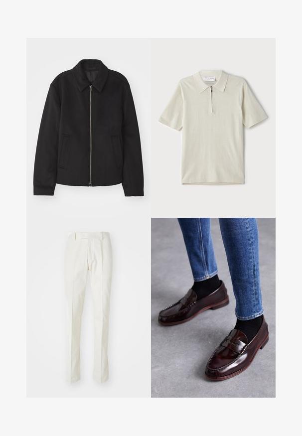 Black jacket with a zip closure, tailored design, a rounded collar, and slit pockets. Made from a smooth, textured fabric.; Short-sleeve polo shirt in light beige with a zippered collar. Made of smooth fabric, features a simple, modern design without patterns.; White trousers made of cotton, featuring a straight-leg design, flat front, and no visible patterns or hardware. Smooth texture.; Paul Smith LIDO BORDO - Smart slip-ons - red