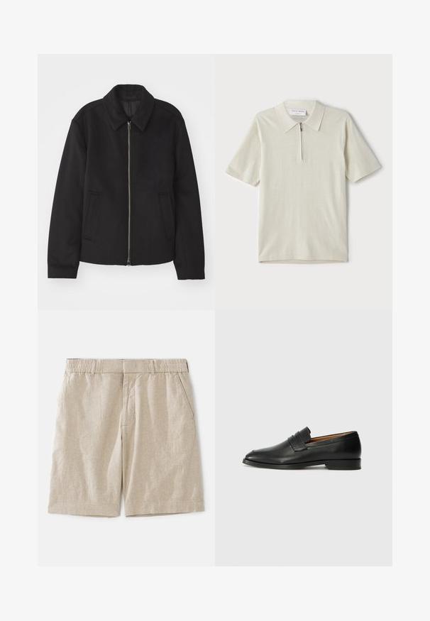 Black jacket with a zip closure, tailored design, a rounded collar, and slit pockets. Made from a smooth, textured fabric.; Short-sleeve polo shirt in light beige with a zippered collar. Made of smooth fabric, features a simple, modern design without patterns.; Beige linen shorts with a relaxed fit, featuring an elastic waistband and side pockets. Smooth texture with a subtle woven pattern.; Black leather loafer with a rounded toe, subtle stitched detailing, and a low heel, featuring a smooth texture and minimalist design.
