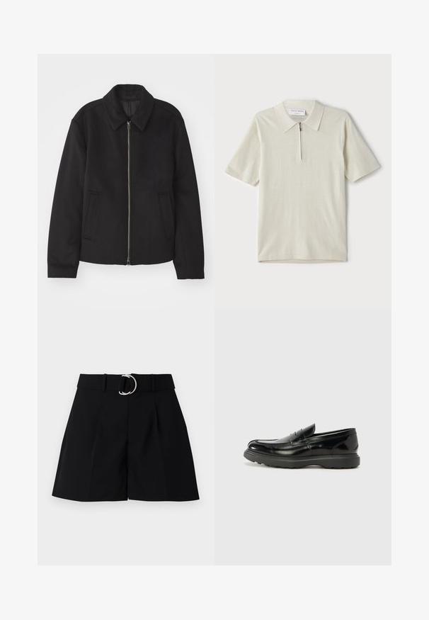 Svart jacka med dragkedjestängning, skräddarsydd design, rund krage och slitsfickor. Tillverkad av ett slätt, strukturerat tyg.; Kortärmad polo i ljusbeige med dragkedja i kragen. Tillverkad av slätt tyg, har en enkel och modern design utan mönster.; Svarta skräddarsydda shorts i vävt tyg. Har en bred midjeband med en silverfärgad cirkulär spänne, veck framtill och en rak skärning.; Svart läderloaferskor med en glänsande yta, rund tå, diskreta söm detaljer och en tjock gummisula för hållbarhet.