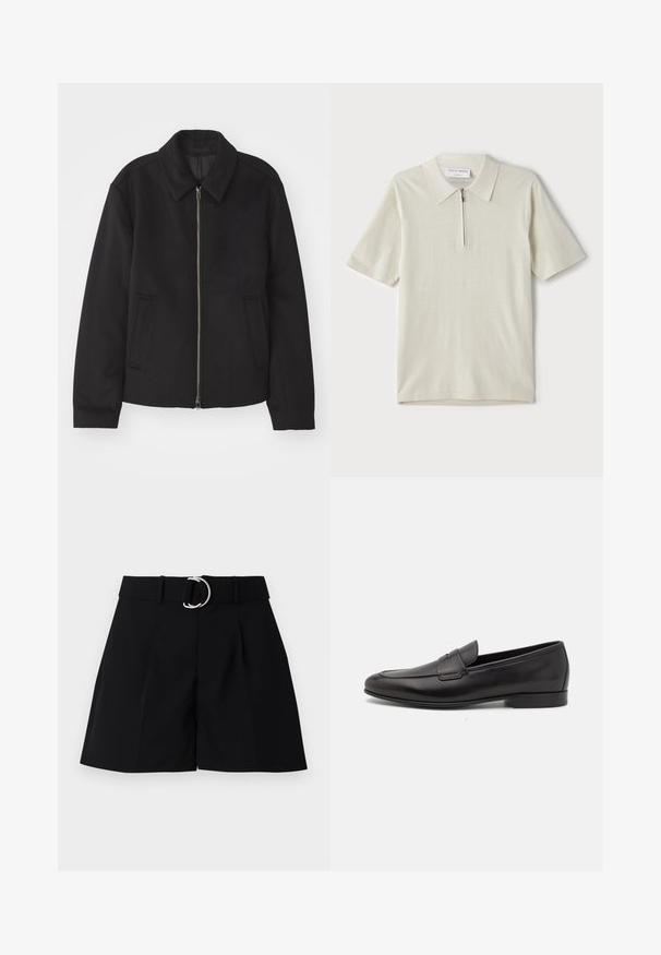 Czarna kurtka z zamkiem błyskawicznym, dopasowany krój, okrągły kołnierz i kieszenie cięte. Wykonana z gładkiego, teksturowanego materiału.; Koszulka polo z krótkim rękawem w jasnym beżu z zamkiem przy kołnierzu. Wykonana z gładkiej tkaniny, charakteryzuje się prostym, nowoczesnym wzornictwem bez wzorów.; Czarne szorty w kroju dopasowanym, wykonane z tkaniny tkanej. Posiadają szeroki pasek w talii z okrągłą srebrną klamrą, fałdy z przodu oraz prosty krój.; Czarne skórzane męskie loafersy z niskim obcasem i klasycznym paskiem penny, przedstawione w profilu bocznym na białym tle.