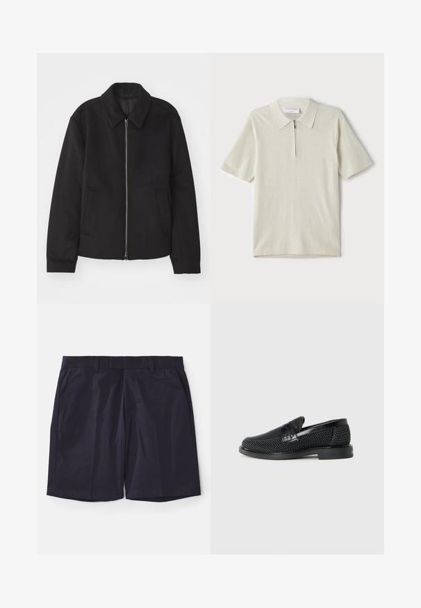 Fekete dzseki cipzárral, testreszabott dizájnnal, kerek nyakkal és zsebekkel. Sima, texturált anyagból készült.; Rövid ujjú, világosbézs pólóing, cipzáras gallérral. Simás anyagból készült, egyszerű, modern dizájnnal, minta nélkül.; Sötétkék rövidnadrág sima anyagból, lapos elülső résszel, övhurkokkal és oldalsó zsebekkel; a szegélye egyenes szélekkel van ellátva a letisztult megjelenés érdekében.; Fekete szőtt slip-on cipő sima bőr díszítéssel a felsőrészen, kerek orral és alacsony profilos gumitalppal.