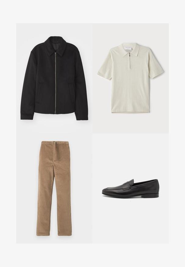 Veste noire avec fermeture éclair, design ajusté, col arrondi et poches fendue. Fabriquée dans un tissu lisse et texturé.; Polo à manches courtes en beige clair avec un col zippé. Fabriqué en tissu lisse, il présente un design simple et moderne sans motifs.; Pantalons en velours côtelé marron avec taille élastique et cordon de serrage à l'avant, coupe droite, présentés sur fond blanc.; Mocassin pour homme en cuir noir avec un petit talon et un design classique à lanière penny, présenté en profil sur fond blanc.