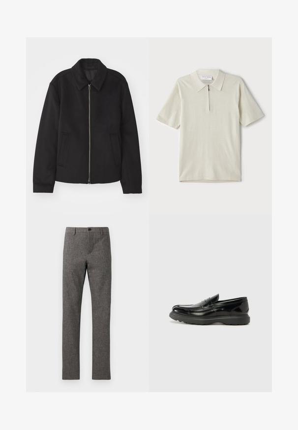 Fekete dzseki cipzárral, testreszabott dizájnnal, kerek nyakkal és zsebekkel. Sima, texturált anyagból készült.; Rövid ujjú, világosbézs pólóing, cipzáras gallérral. Simás anyagból készült, egyszerű, modern dizájnnal, minta nélkül.; Szürke öltönynadrág textúrált, szövött anyagból. Testhez álló fazon, sima elülső rész, cipzáras nyitás és egygombos záródás. További zsebek nem láthatók.; Fekete bőr loafer, fényes felülettel, kerek orral, diszkrét varrási részletekkel és vastag gumitalppal a tartósság érdekében.