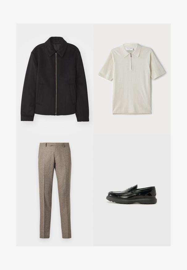 Casaco preto com fecho de correr, design ajustado, colarinho redondo e bolsos com fenda. Feito de um tecido liso e texturizado.; Polo de manga curta em bege claro com colarinho com fecho. Feito de um tecido suave, apresenta um design simples e moderno, sem padrões.; Calças em mistura de lã castanha com um design de perna reta, apresentando uma textura subtil e linhas de vinco, acabadas com uma cintura clássica.; Mocassim de couro preto com acabamento brilhante, bico arredondado, detalhes de costura subtil e sola de borracha espessa para durabilidade.