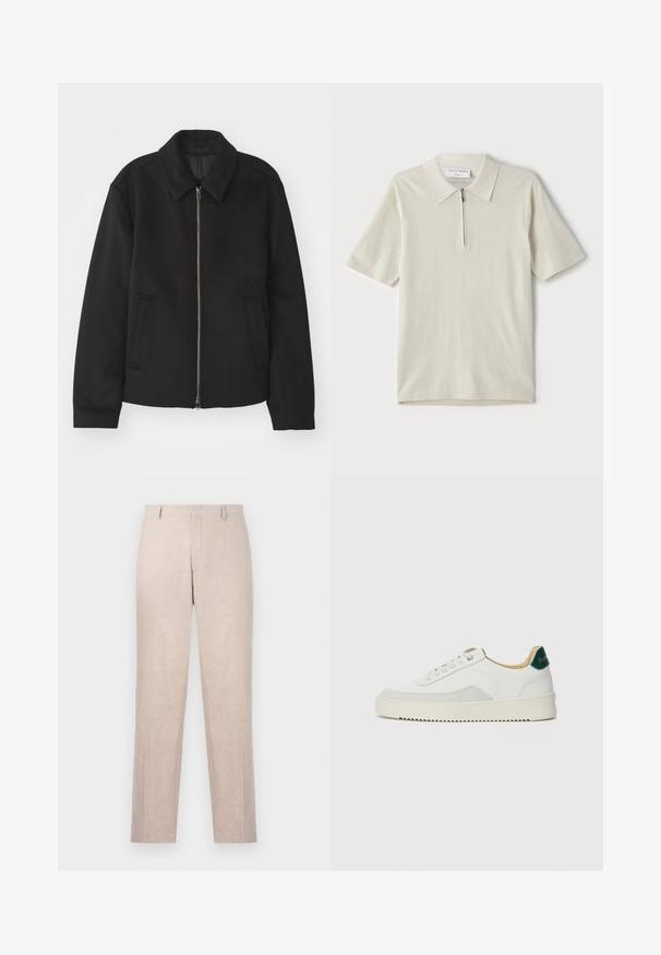 Melnā jaka ar rāvējslēdzēju, piegrieztas formas dizains, noapaļots apkakle un šķēluma kabatas. Izgatavota no gludas, teksturētas auduma.; Īsām piedurknēm polo krekls gaiši bēšā krāsā ar rāvējslēdzāja apkakli. Izgatavots no gludas auduma, tam ir vienkāršs, mūsdienīgs dizains bez rakstiem.; Gai beidzēti šorti, izgatavoti no teksturēta auduma. Taisna kāju dizains ar divām priekšējām kabatām un plakanu priekšu. Nav redzamu aksesuāru.; Baltas sneakers ar zamša akcentiem, noapaļota purngala, plakaniem auklām un krēmkrāsas gumijas zoli. Ar zaļu zīmolu uz papēža.