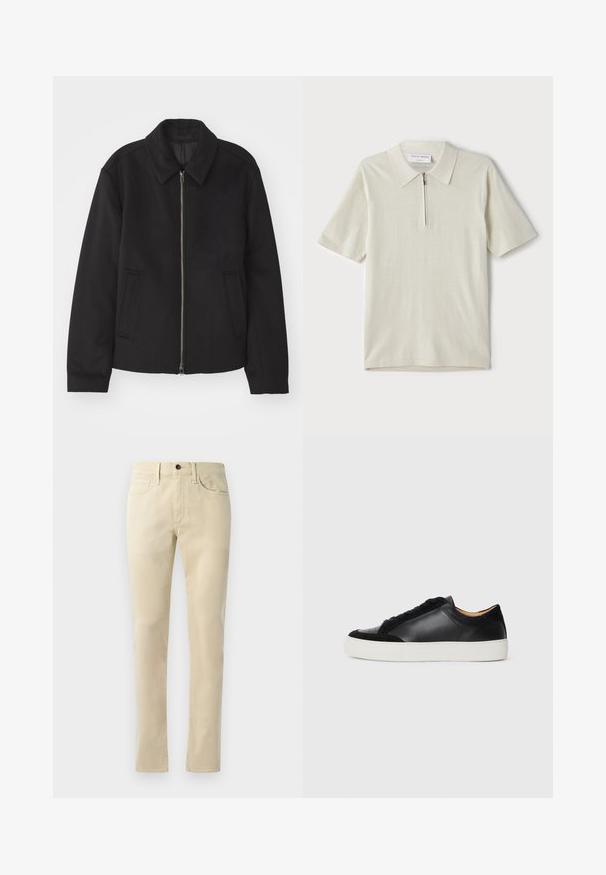 Chaqueta negra con cierre de cremallera, diseño ajustado, cuello redondeado y bolsillos con abertura. Fabricada en un tejido suave y texturizado.; Polo de manga corta en un beige claro con cuello con cremallera. Fabricado en un tejido suave, presenta un diseño sencillo y moderno sin patrones.; Pantalones rectos beige elaborados en una mezcla de algodón. Confeccionados con un diseño de cinco bolsillos, pasadores para cinturón y un botón negro de cierre en la cintura.; Zapatilla de piel negra con acentos de ante, puntera redonda, suela plana de goma blanca y texturas contrastantes en el cuerpo y los cordones.
