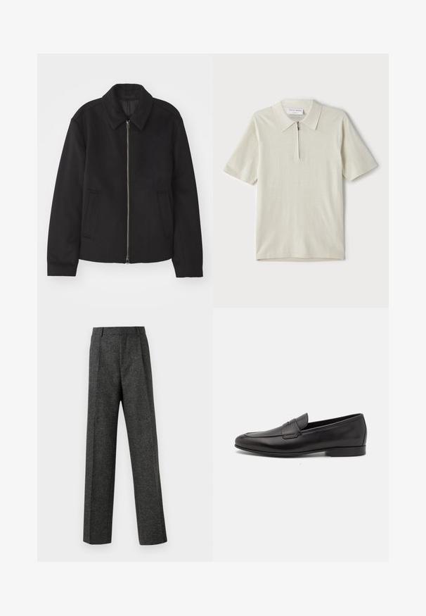 Casaco preto com fecho de correr, design ajustado, colarinho redondo e bolsos com fenda. Feito de um tecido liso e texturizado.; Polo de manga curta em bege claro com colarinho com fecho. Feito de um tecido suave, apresenta um design simples e moderno, sem padrões.; Calças cinzentas ajustadas, feitas de um tecido texturizado, com duas pregas frontais e um design de perna reta. Sem bolsos visíveis ou enfeites.; Sapatilha masculina em couro preto, com salto baixo e um design clássico com tira de moeda, apresentada em perfil lateral sobre um fundo branco.