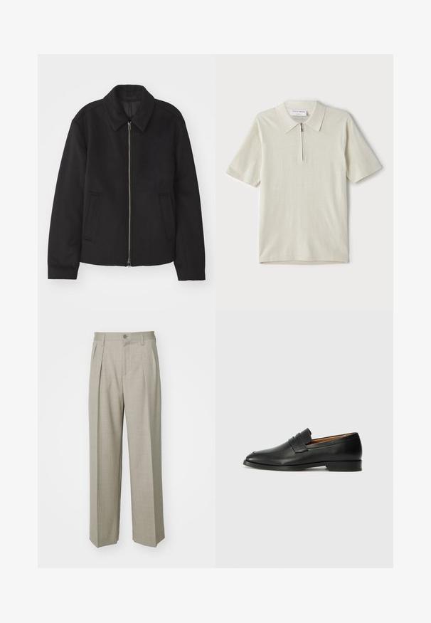 Čierna bunda so zipsom, upravený strih, okrúhly golier a bočné vrecká. Vyrobená z hladkej, textúrovanej látky.; Polo tričko s krátkymi rukávmi v svetlom béžovom odtieni so zipsom pri golieri. Vyrobené z hladkej látky, má jednoduchý, moderný dizajn bez vzorov.; Filippa K WIDE TROUSERS - Nohavice - sage melange; Čierne kožené mokasíny s okrúhlou špičkou, jemným prešitím a nízkym podpätkom, s hladkou textúrou a minimalistickým dizajnom.