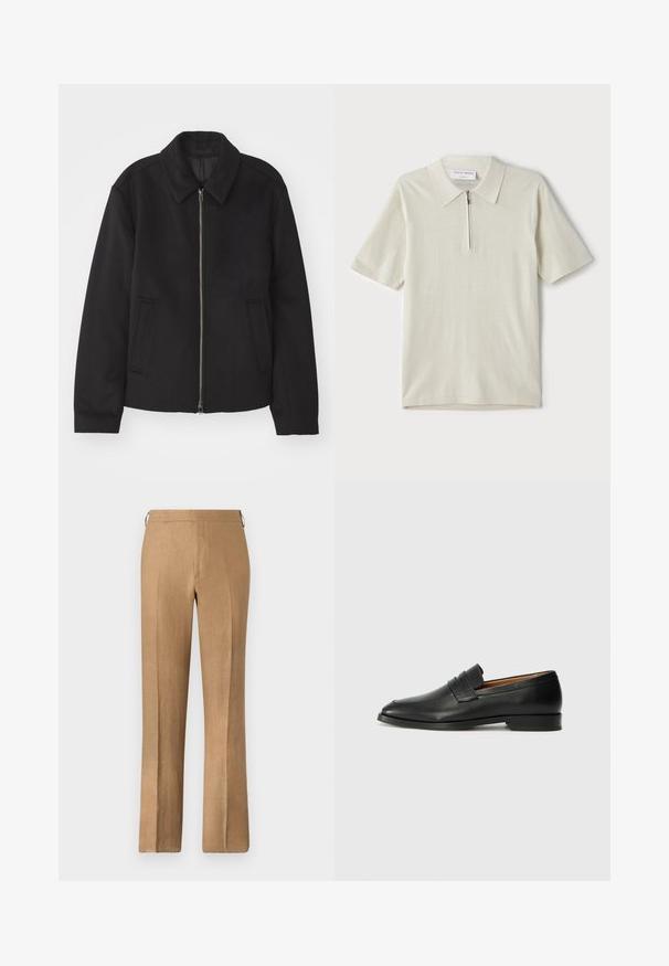 Schwarze Jacke mit Reißverschluss, tailliertem Schnitt, rundem Kragen und Schlitztaschen. Hergestellt aus einem glatten, strukturierten Stoff.; Kurzärmliges Poloshirt in hellbeige mit Reißverschlusskragen. Hergestellt aus glattem Stoff, bietet es ein einfaches, modernes Design ohne Muster.; Braune Leinenhose mit geradem Bein, glatter Textur, verdecktem Bund und ohne sichtbare Taschen.; Schwarze Leder-Slipper mit runder Zehenform, dezenten gestickten Details und niedrigem Absatz, ausgestattet mit glatter Textur und minimalistischem Design.