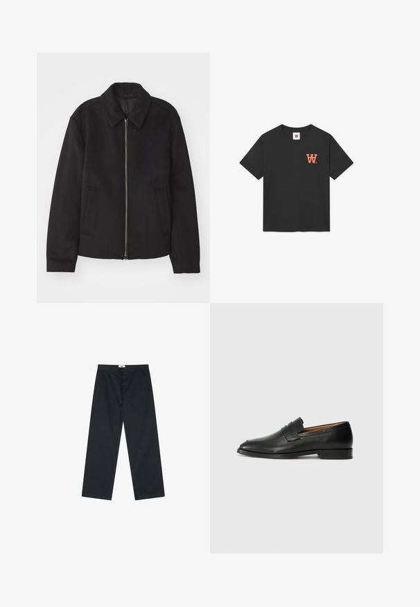 Čierna bunda so zipsom, upravený strih, okrúhly golier a bočné vrecká. Vyrobená z hladkej, textúrovanej látky.; Čierne bavlnené tričko s krátkymi rukávmi, okrúhlym výstrihom a oranžovým logom "W" na ľavej hrudi. Hladký a jemný povrch.; Čierne bavlnené nohavice s rovnými nohavicami, s gombíkovým zapínaním a jednoduchým pásom. Bez vzorov alebo ďalších akcentov.; Čierne kožené mokasíny s okrúhlou špičkou, jemným prešitím a nízkym podpätkom, s hladkou textúrou a minimalistickým dizajnom.