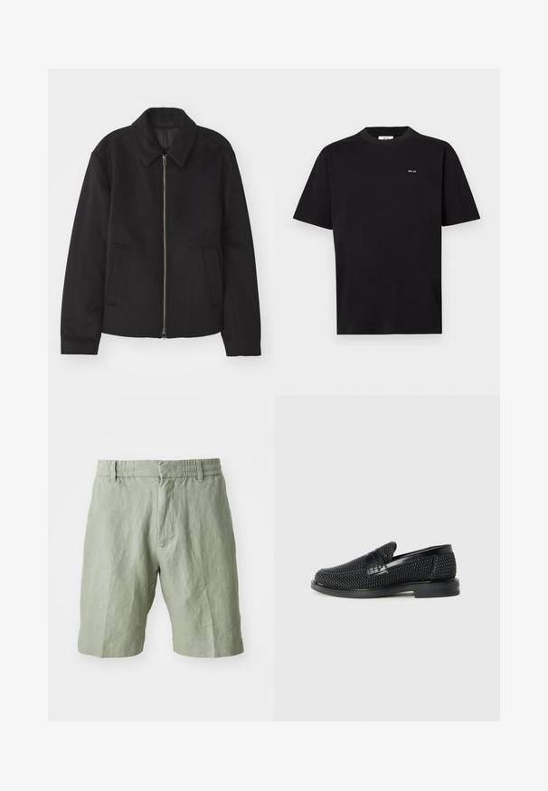 Schwarze Jacke mit Reißverschluss, tailliertem Schnitt, rundem Kragen und Schlitztaschen. Hergestellt aus einem glatten, strukturierten Stoff.; Schwarzes T-Shirt mit kurzen Ärmeln und Rundhalsausschnitt, mit kleinem weißen "NN. 07" Logo auf der linken Brust, vor einem weißen Hintergrund präsentiert.; Hellgrüne Leinen-Shorts mit lockerer Passform, elastischem Bund und zwei vorderen Taschen. Glatte Textur mit lässigem Design.; Schwarzer geflochtener Slipper mit einem glatten Lederakzent im Obermaterial, einem runden Zehendesign und einer flachen Gummisohle.