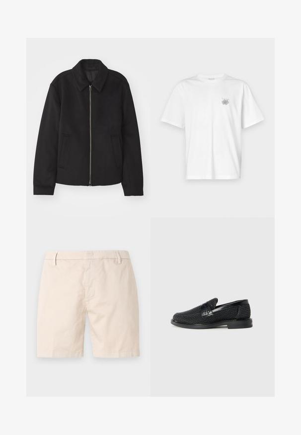 Must mustriga, mis on varustatud lukuga, kohandatud disaini, ümarate kaeluste ja lõhesalongidega taskudega. Valmistatud siledast, tekstuurilisest kangast.; Valge puuvillane T-särk lühikeste varrukatega, ümmarguse kaelusega ja väike hall logo vasakul rinnaosal. Sile tekstuur.; Beeži puuvillased lühikesed püksid otsekärpega, nööpmediate, vööaasad ja küljetaskud. Sile tekstuur ja lihtne disain.; Must musta kootud slip-on king, millel on pehme nahast accent ülaserval, ümmargune varvas ja madal profiiliga kummitald.