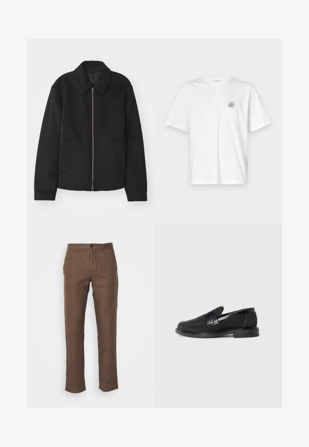 Schwarze Jacke mit Reißverschluss, tailliertem Schnitt, rundem Kragen und Schlitztaschen. Hergestellt aus einem glatten, strukturierten Stoff.; Weißes T-Shirt aus Baumwolle mit kurzen Ärmeln, Rundhalsausschnitt und kleinem grauen Logo auf der linken Brustseite. Glatte Textur.; NN.07 THEO - Stoffhose - brown; Schwarzer geflochtener Slipper mit einem glatten Lederakzent im Obermaterial, einem runden Zehendesign und einer flachen Gummisohle.