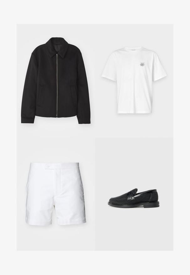 Černá bunda se zipovým uzávěrem, střižená designem, kulatým límcem a kapsami na bocích. Vyrobena z hladké, strukturované tkaniny.; Bílá bavlněná trička s krátkým rukávem, kulatým výstřihem a malým šedým logem na levé části hrudi. Hladká textura.; Bílé bavlněné šortky se rovný střihem, dvěma bočními kapsami, zapínáním na knoflík a čistou, hladkou strukturou. Lemování je úhledné a přehnuté.; Černé pletené nazouvací boty s hladkým koženým akcentem na svršku, kulatou špičkou a nízkoprofilovou gumovou podrážkou.