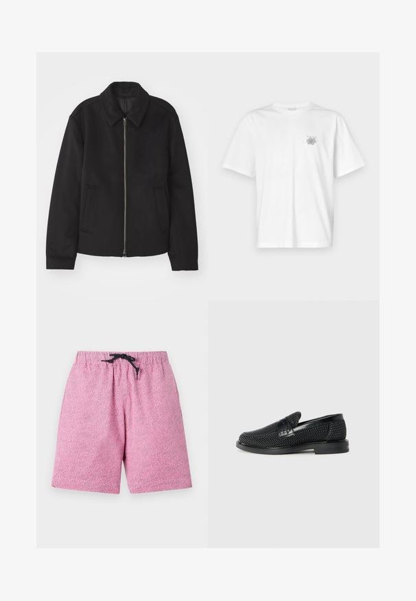 Must mustriga, mis on varustatud lukuga, kohandatud disaini, ümarate kaeluste ja lõhesalongidega taskudega. Valmistatud siledast, tekstuurilisest kangast.; Valge puuvillane T-särk lühikeste varrukatega, ümmarguse kaelusega ja väike hall logo vasakul rinnaosal. Sile tekstuur.; Roosa mustriga bikiinipüksid elastse vöökoha ja musta nööriga. Materjal tundub kerge ja tekstuuriga pinnaga.; Must musta kootud slip-on king, millel on pehme nahast accent ülaserval, ümmargune varvas ja madal profiiliga kummitald.
