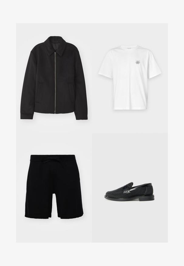 Μαύρο μπουφάν με φερμουάρ, κομψή γραμμή, στρογγυλός γιακάς και τσέπες με άνοιγμα. Κατασκευασμένο από μαλακό, υφασμάτινο υλικό.; Λευκό μπλουζάκι από βαμβάκι με κοντά μανίκια, στρογγυλή λαιμόκοψη και μικρό γκρίζο λογότυπο στην αριστερή περιοχή του στήθους. Λείο υφασμά.; Μαύρα παιδικά σορτς από μαλακό ύφασμα, με ελαστική μέση και φιόγκο, καθώς και ριμπ ύφανση στο τελείωμα. Απλός σχεδιασμός χωρίς σχέδια.; Μαύρο πλεκτό παπούτσι slip-on με λείο δερμάτινο στοιχείο στο άνω μέρος, στρογγυλή μύτη και χαμηλό καουτσούκ πάτο.