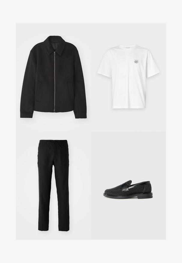 Svart jacka med dragkedjestängning, skräddarsydd design, rund krage och slitsfickor. Tillverkad av ett slätt, strukturerat tyg.; Vit t-shirt i bomull med korta ärmar, rund hals och en liten grå logotyp på vänster bröst. Slät textur.; Svarta linnebyxor med elastisk midja och dragsko. Rakt ben-design och slät textur. Lämpliga för avslappnad klädsel.; Svart vävd slip-on sko med en slät läderdetalj på ovansidan, med rund tådesign och en låg gummisula.