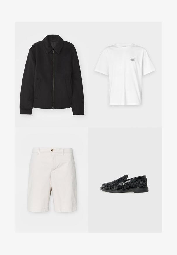 Sort jakke med lynlås, skræddersyet design, rund krave og slidser. Fremstillet af et glat, textureret stof.; Hvid t-shirt lavet af bomuld med korte ærmer, rund halsudskæring og et lille gråt logo på venstre brystområde. Glat tekstur.; J.LINDEBERG SHANE CLOUD - Shorts - moonbeam; Sort vævet slip-on sko med en glat læderdetalje på overdelen, en rund tådesign og en lavprofil gummisål.