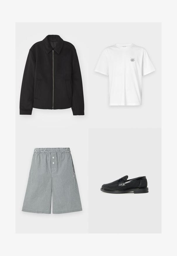 Fekete dzseki cipzárral, testreszabott dizájnnal, kerek nyakkal és zsebekkel. Sima, texturált anyagból készült.; Fehér pamut póló rövid ujjakkal, kerek nyakkal, és egy kis szürke logóval a bal mellrészen. Sima tapintású.; Fekete-fehér kockás minta rövidnadrág, könnyű anyagból készült. Rugalmas derékkal és gombos részletekkel rendelkezik elöl.; Fekete szőtt slip-on cipő sima bőr díszítéssel a felsőrészen, kerek orral és alacsony profilos gumitalppal.
