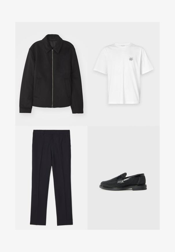 Μαύρο μπουφάν με φερμουάρ, κομψή γραμμή, στρογγυλός γιακάς και τσέπες με άνοιγμα. Κατασκευασμένο από μαλακό, υφασμάτινο υλικό.; Λευκό μπλουζάκι από βαμβάκι με κοντά μανίκια, στρογγυλή λαιμόκοψη και μικρό γκρίζο λογότυπο στην αριστερή περιοχή του στήθους. Λείο υφασμά.; Μαύρο καλαίσθητο παντελόνι από λείο ύφασμα, με δύο πλευρικές τσέπες, ίσια γραμμή και χωρίς ορατά σχέδια ή αξεσουάρ.; Μαύρο πλεκτό παπούτσι slip-on με λείο δερμάτινο στοιχείο στο άνω μέρος, στρογγυλή μύτη και χαμηλό καουτσούκ πάτο.