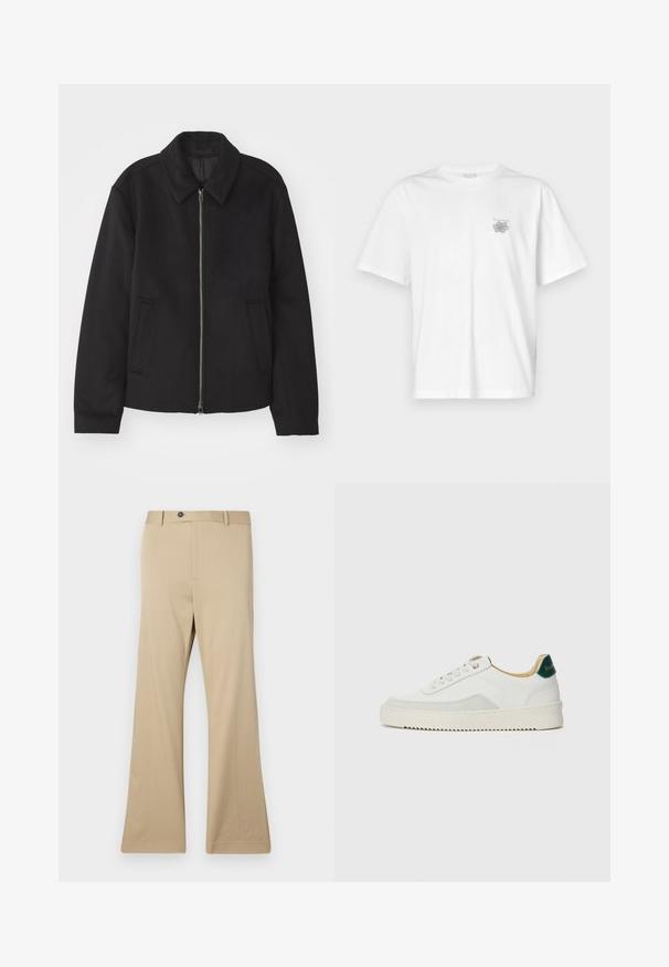Must mustriga, mis on varustatud lukuga, kohandatud disaini, ümarate kaeluste ja lõhesalongidega taskudega. Valmistatud siledast, tekstuurilisest kangast.; Valge puuvillane T-särk lühikeste varrukatega, ümmarguse kaelusega ja väike hall logo vasakul rinnaosal. Sile tekstuur.; Beezid vooldelavad püksid, mis on valmistatud siledast kangast. Omavad nööp-kinnitust, ees olevaid taskuid ja keha järgi voolavat lõiget, mis laieneb sirgeks jala kujuks.; Valged tennisjalanõud, millel on sametised aktsendid, ümar varvas, lame nöörid ja kreemjas kummine põhja. Hästi nähtav roheline bränding kannal.