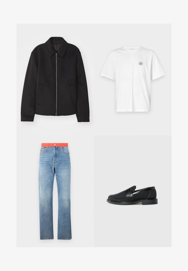 Svart jacka med dragkedjestängning, skräddarsydd design, rund krage och slitsfickor. Tillverkad av ett slätt, strukturerat tyg.; Vit t-shirt i bomull med korta ärmar, rund hals och en liten grå logotyp på vänster bröst. Slät textur.; Ljusblå denimjeans med rak skärning, med en stark röd midja och standard knäppning med knapp och dragkedja.; Svart vävd slip-on sko med en slät läderdetalj på ovansidan, med rund tådesign och en låg gummisula.