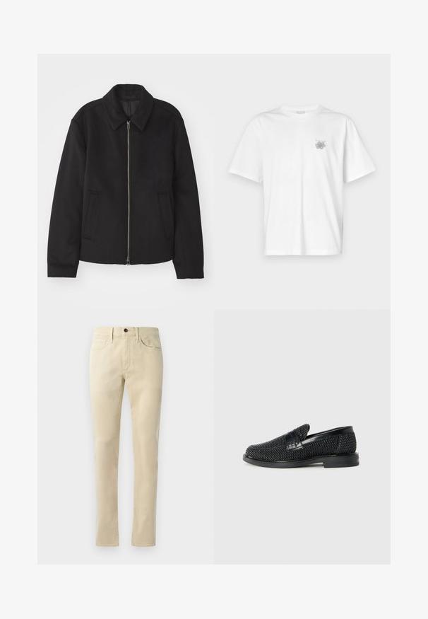 Veste noire avec fermeture éclair, design ajusté, col arrondi et poches fendue. Fabriquée dans un tissu lisse et texturé.; T-shirt blanc en coton avec des manches courtes, un col ras du cou et un petit logo gris sur la partie gauche de la poitrine. Texture lisse.; Pantalons droits beiges en mélange de coton. Dotés d'un design à cinq poches, de passants de ceinture et d'un bouton noir à la taille.; Chaussure slip-on tissée noire avec un accent en cuir lisse sur le dessus, un design à bout rond et une semelle en caoutchouc à profil bas.
