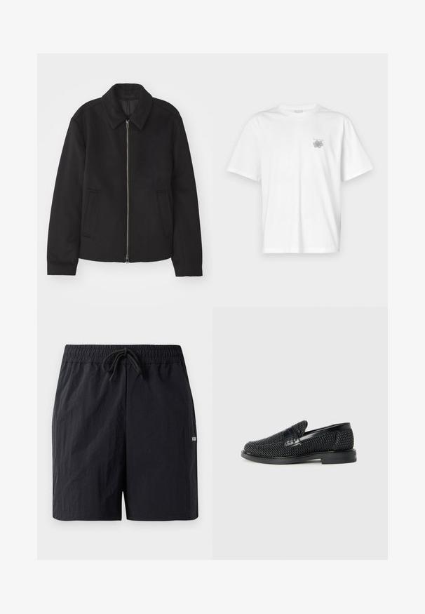 Black jacket with a zip closure, tailored design, a rounded collar, and slit pockets. Made from a smooth, textured fabric.; White t-shirt made of cotton featuring short sleeves, a crew neck, and a small gray logo on the left chest area. Smooth texture.; Black swim shorts made of textured fabric, featuring an elastic waistband with drawstring and a small logo on the side.; Black woven slip-on shoe with a smooth leather accent on the upper, a round toe design, and a low-profile rubber sole.