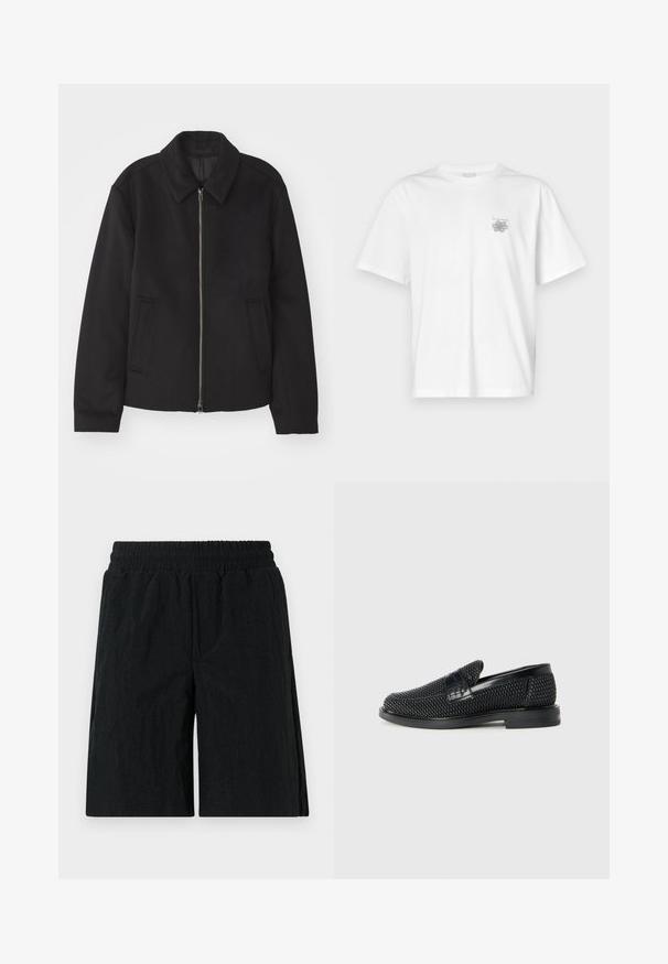 Svart jacka med dragkedjestängning, skräddarsydd design, rund krage och slitsfickor. Tillverkad av ett slätt, strukturerat tyg.; Vit t-shirt i bomull med korta ärmar, rund hals och en liten grå logotyp på vänster bröst. Slät textur.; Svarta shorts med elastisk midja, i texturerat tyg, knälång design och sidofickor.; Svart vävd slip-on sko med en slät läderdetalj på ovansidan, med rund tådesign och en låg gummisula.