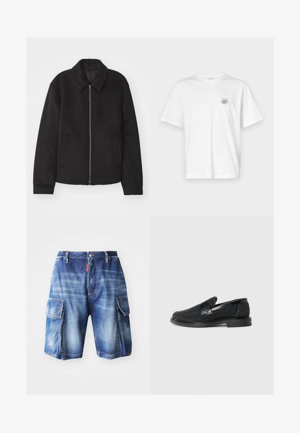 Chaqueta negra con cierre de cremallera, diseño ajustado, cuello redondeado y bolsillos con abertura. Fabricada en un tejido suave y texturizado.; Camiseta blanca de algodón con mangas cortas, cuello redondo y un pequeño logo gris en el lado izquierdo del pecho. Textura suave.; Bermudas de mezclilla con un corte holgado, lavado azul claro, dos bolsillos laterales grandes y un sutil desgastado, con una cinturilla elástica.; Zapato negro de tejido con un acento de cuero suave en la parte superior, diseño de punta redonda y suela de goma de perfil bajo.
