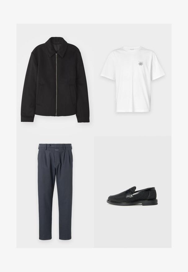 Veste noire avec fermeture éclair, design ajusté, col arrondi et poches fendue. Fabriquée dans un tissu lisse et texturé.; T-shirt blanc en coton avec des manches courtes, un col ras du cou et un petit logo gris sur la partie gauche de la poitrine. Texture lisse.; Pantalons gris foncé avec une coupe droite, des plis à l'avant et une fermeture par bouton, fabriqués dans un tissu lisse et léger.; Chaussure slip-on tissée noire avec un accent en cuir lisse sur le dessus, un design à bout rond et une semelle en caoutchouc à profil bas.