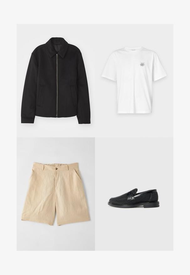 Giacca nera con chiusura con zip, design sartoriale, collo arrotondato e tasche a fessura. Realizzata in un tessuto morbido e texture.; T-shirt bianca in cotone con maniche corte, colletto tondo e un piccolo logo grigio nella zona sinistra del petto. Texture liscia.; Paul Smith Shorts - sand; Scarpa nera a mocassino intrecciata con un accentuato in pelle liscia sulla parte superiore, design a punta rotonda e suola in gomma a profilo basso.