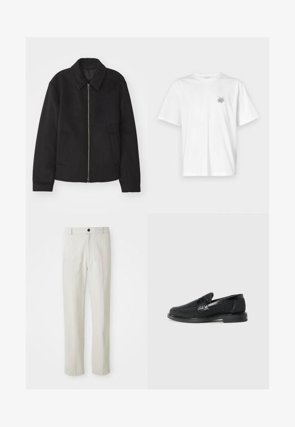 Black jacket with a zip closure, tailored design, a rounded collar, and slit pockets. Made from a smooth, textured fabric.; White t-shirt made of cotton featuring short sleeves, a crew neck, and a small gray logo on the left chest area. Smooth texture.; Beige straight-leg pants with belt loops, front button, and zip closure, displayed flat on a white background.; Black woven slip-on shoe with a smooth leather accent on the upper, a round toe design, and a low-profile rubber sole.