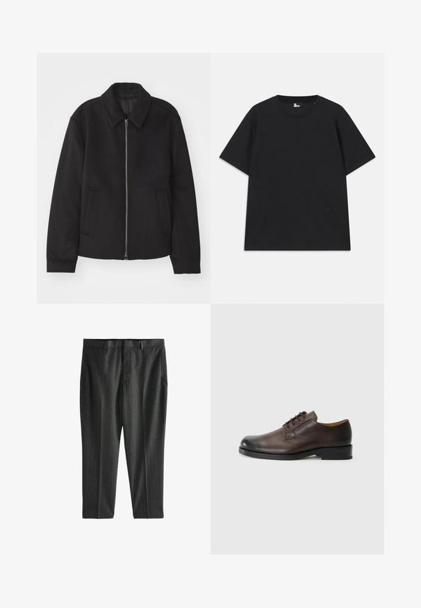 Jachetă neagră cu închidere prin fermoar, design ajustat, guler rotund și buzunare cu fanta. Fabricată dintr-un material neted, texturat.; Tricou negru cu mânecă scurtă, din bumbac, având un decolteu circular și un mic detaliu cu logo aproape de tiv. Textură netedă, croială normală.; Next STRIPE-REGULAR FIT - Pantaloni chino - charcoal grey; Pantof brun din piele cu vârf rotund, toc jos, design cu șireturi și textură netedă. Prezintă cusături minime și un finisaj lustruit.