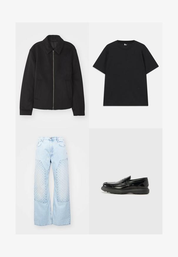 Must mustriga, mis on varustatud lukuga, kohandatud disaini, ümarate kaeluste ja lõhesalongidega taskudega. Valmistatud siledast, tekstuurilisest kangast.; Must värviline lühikeste varrukatega T-särk, mis on valmistatud puuvillast, ümmarguse kaelusega ja väikese logo detailiga allääres. Sile tekstuur, regulaarne lõige.; MISBHV MONOGRAM CARPENTER  - Avar lõikega teksad - pale blue; Must musta nahk loafer läikiva viimistlusega, ümar varvas, delikaatsed õmblusdetailid ja paks kummist tallad vastupidavuse tagamiseks.